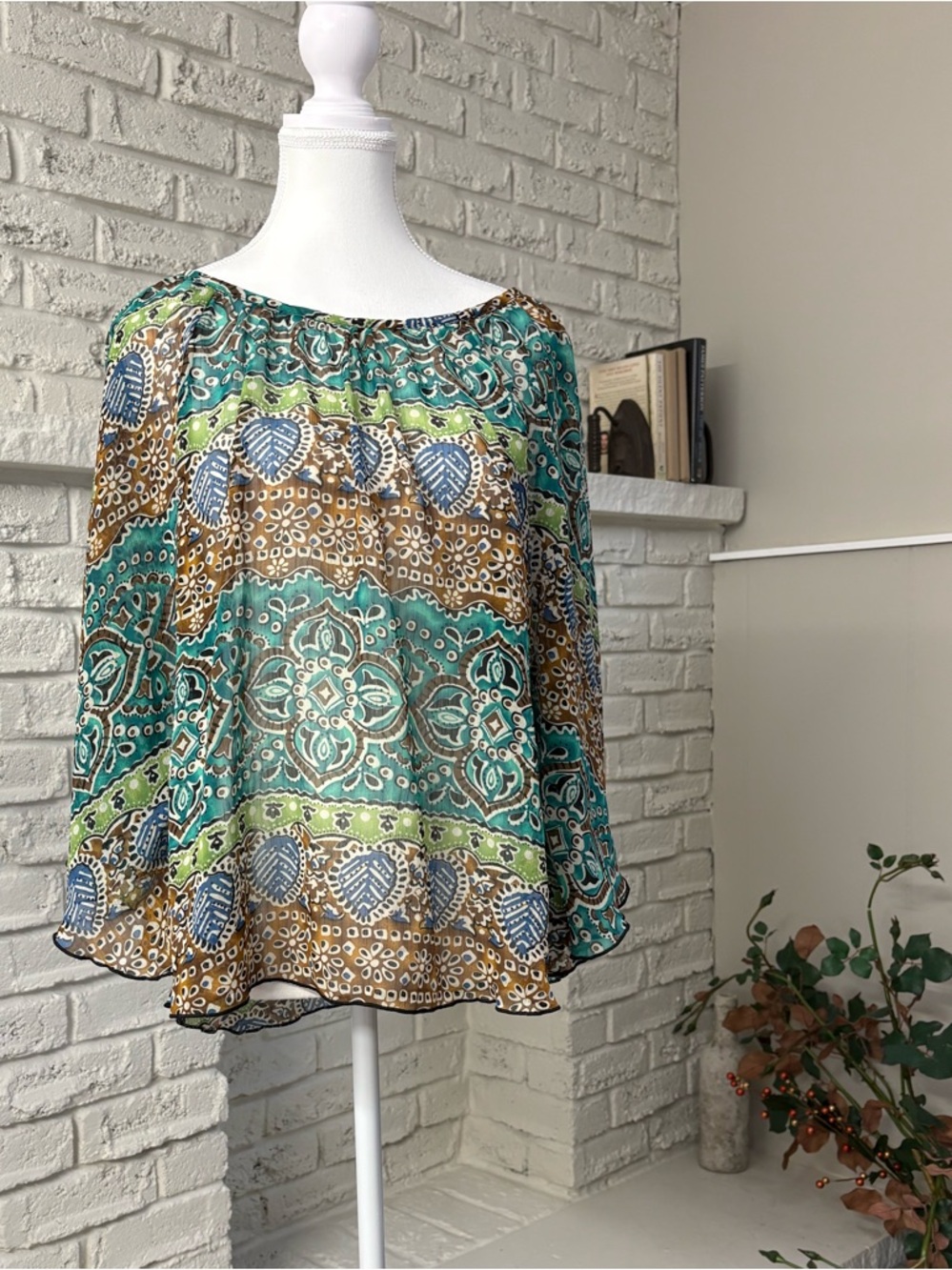 Eclipse Green and Brown Medallion Print Sheer Boho Blouse One Size
